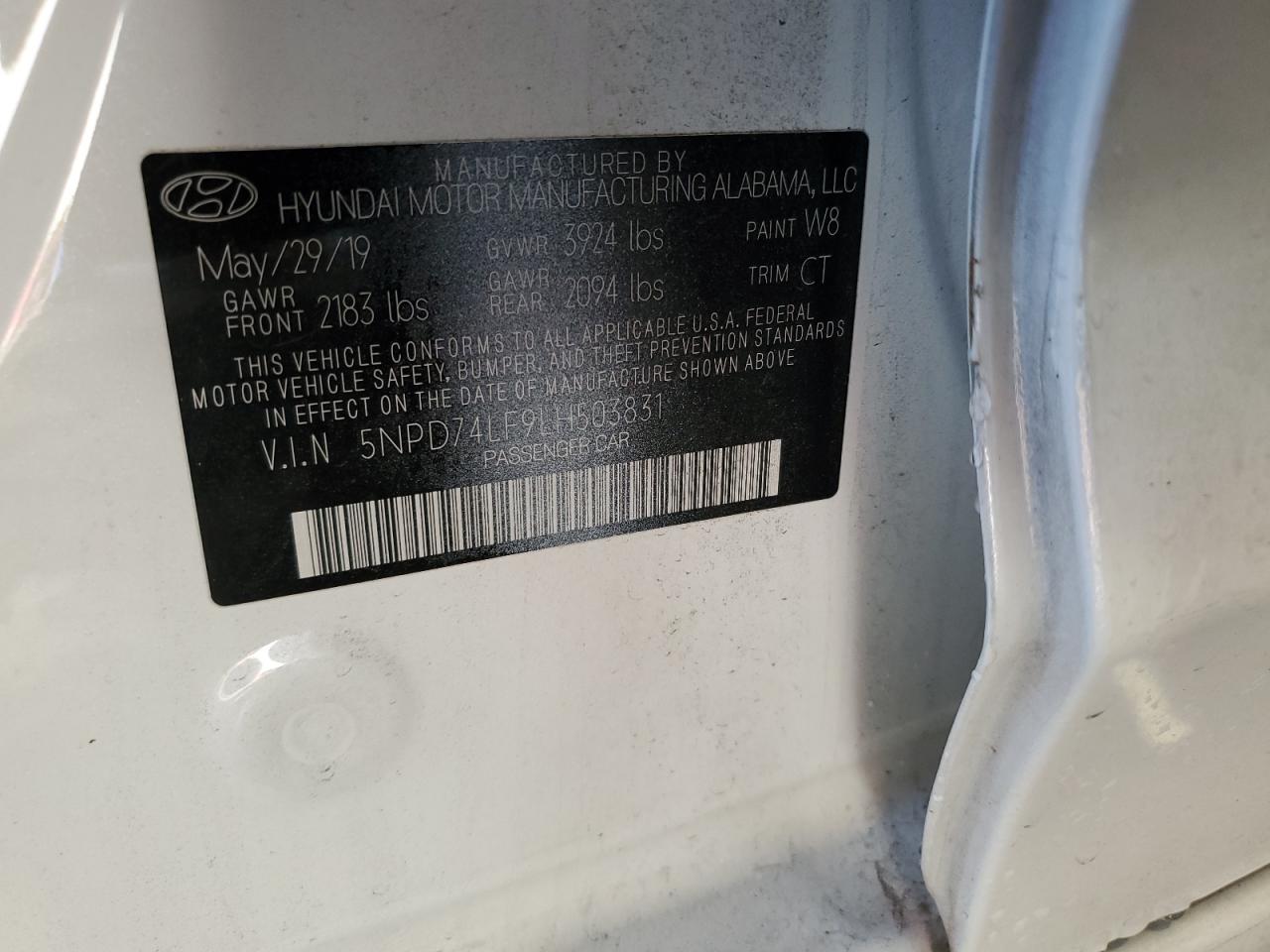 2020 Hyundai Elantra Se VIN: 5NPD74LF9LH503831 Lot: 85310635