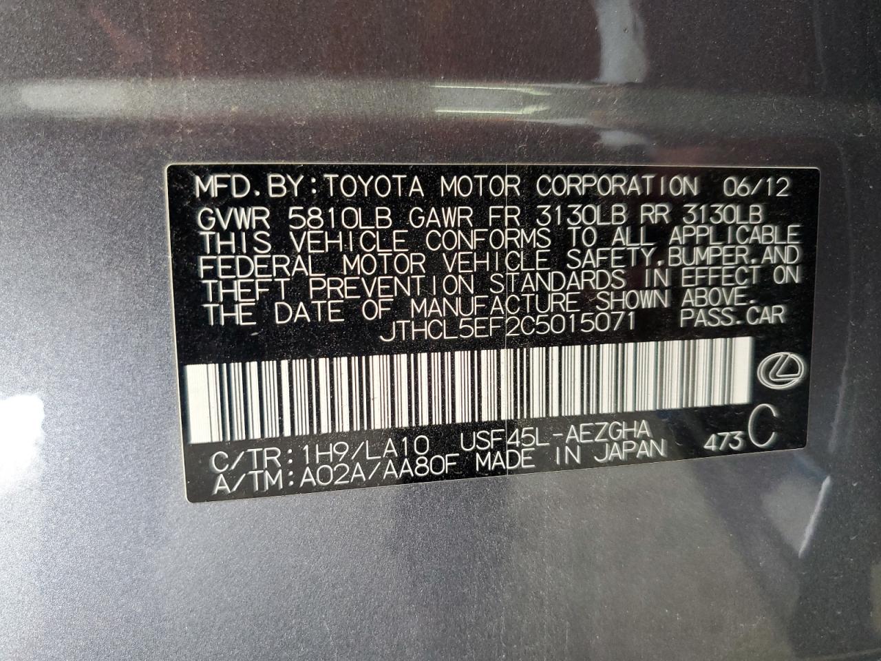 2012 Lexus Ls 460 VIN: JTHCL5EF2C5015071 Lot: 85563055