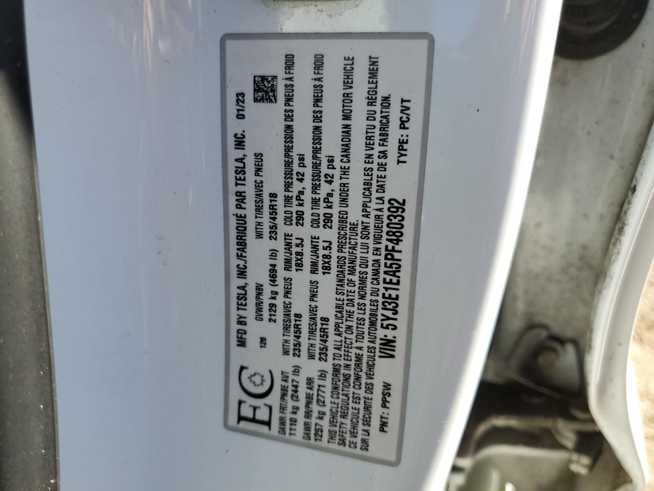 2023 Tesla Model 3 VIN: 5YJ3E1EA5PF480392 Lot: 84415815