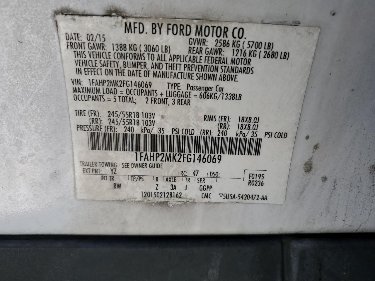 2015 Ford Taurus Police Interceptor VIN: 1FAHP2MK2FG146069 Lot: 84033435