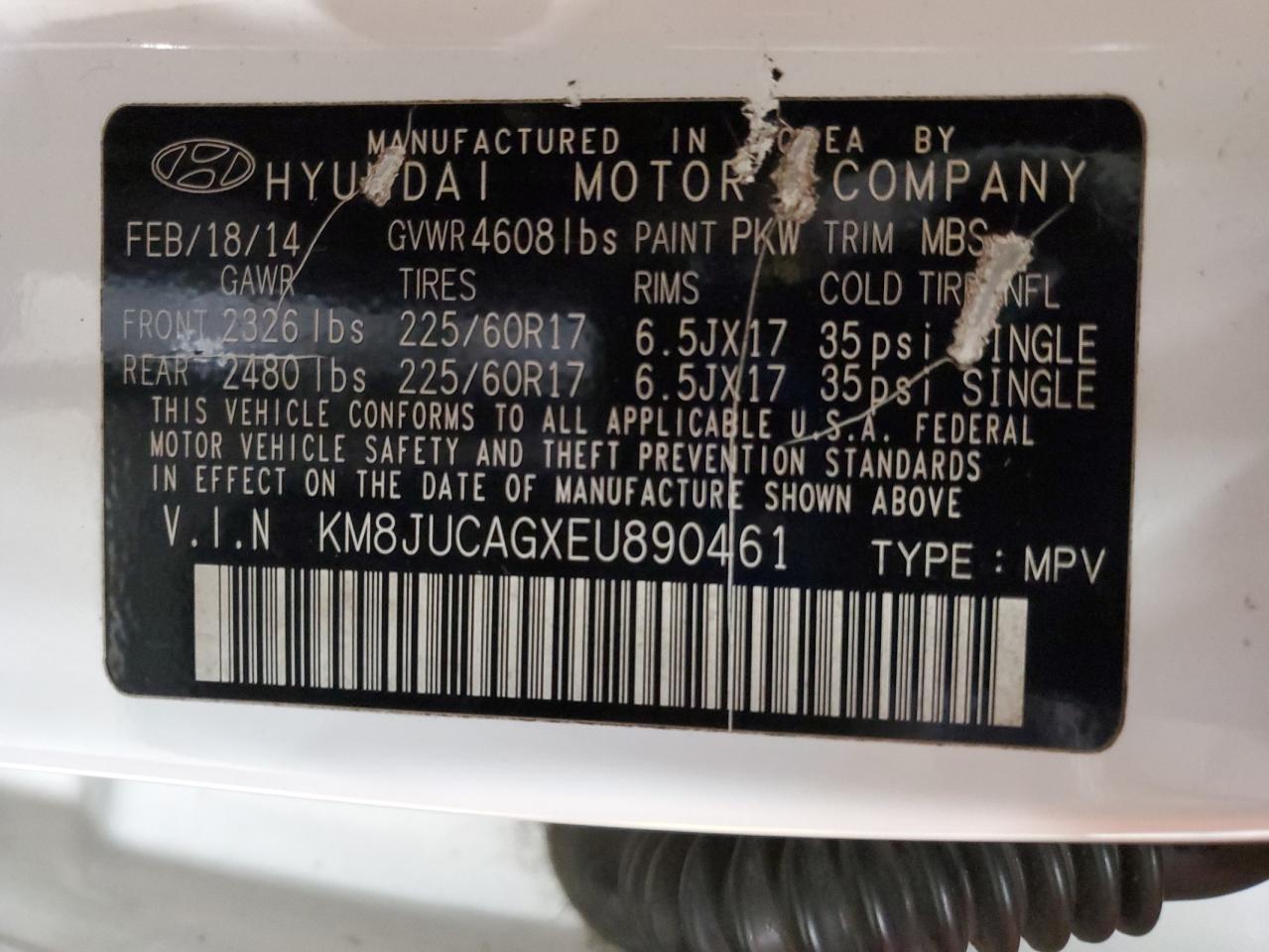 2014 Hyundai Tucson Gls VIN: KM8JUCAGXEU890461 Lot: 86126985