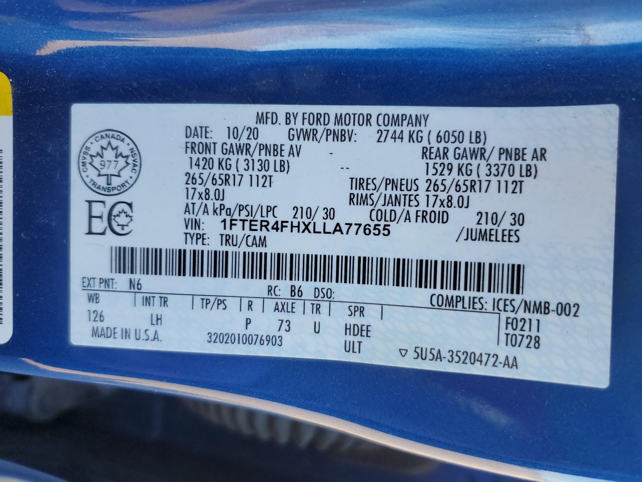 2020 Ford Ranger Xl VIN: 1FTER4FHXLLA77655 Lot: 85835515