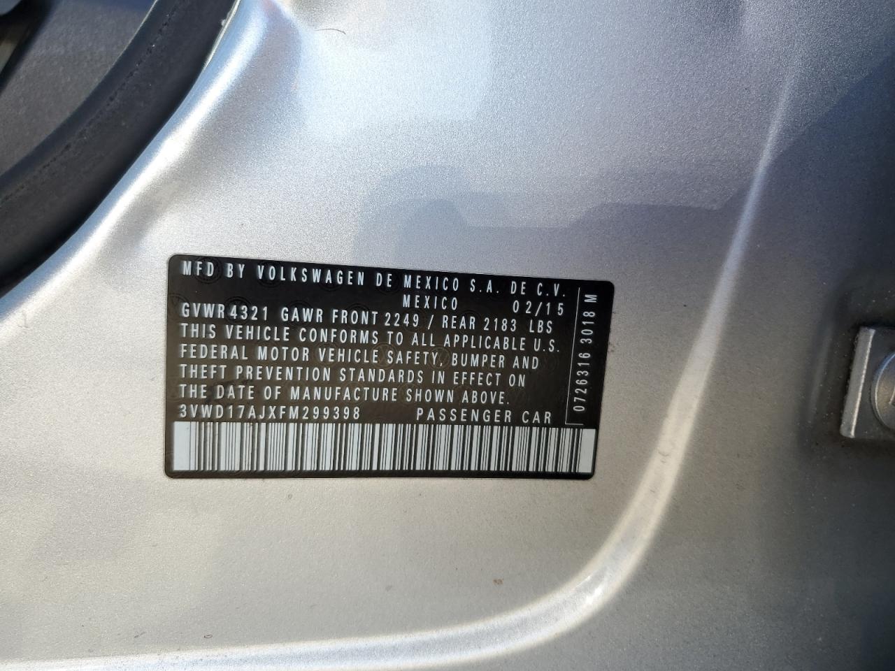 2015 Volkswagen Jetta Se VIN: 3VWD17AJXFM299398 Lot: 84786315