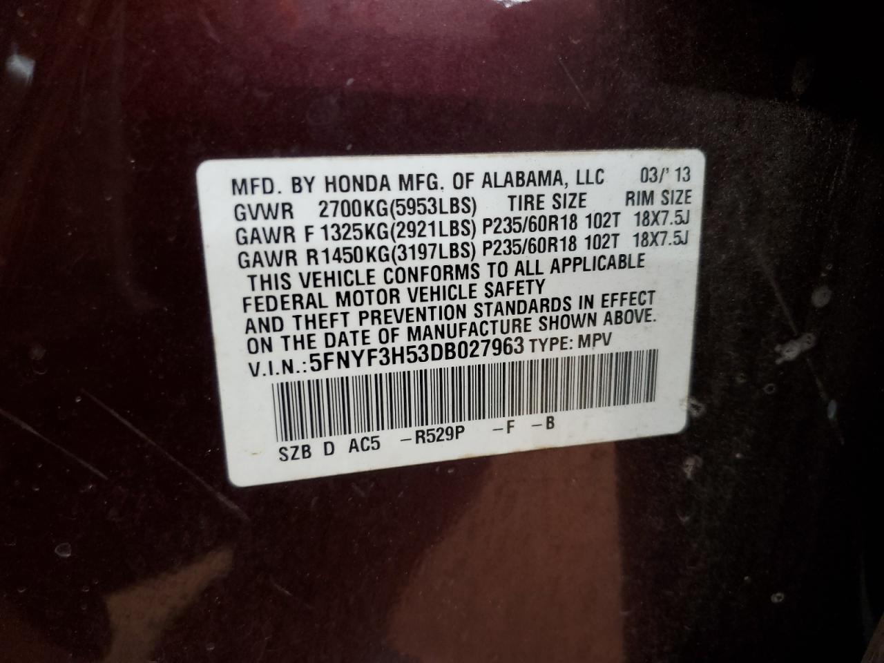 2013 Honda Pilot Exl VIN: 5FNYF3H53DB027963 Lot: 82383335