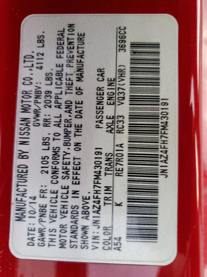 2015 Nissan 370Z Base VIN: JN1AZ4FH7FM430191 Lot: 89652935