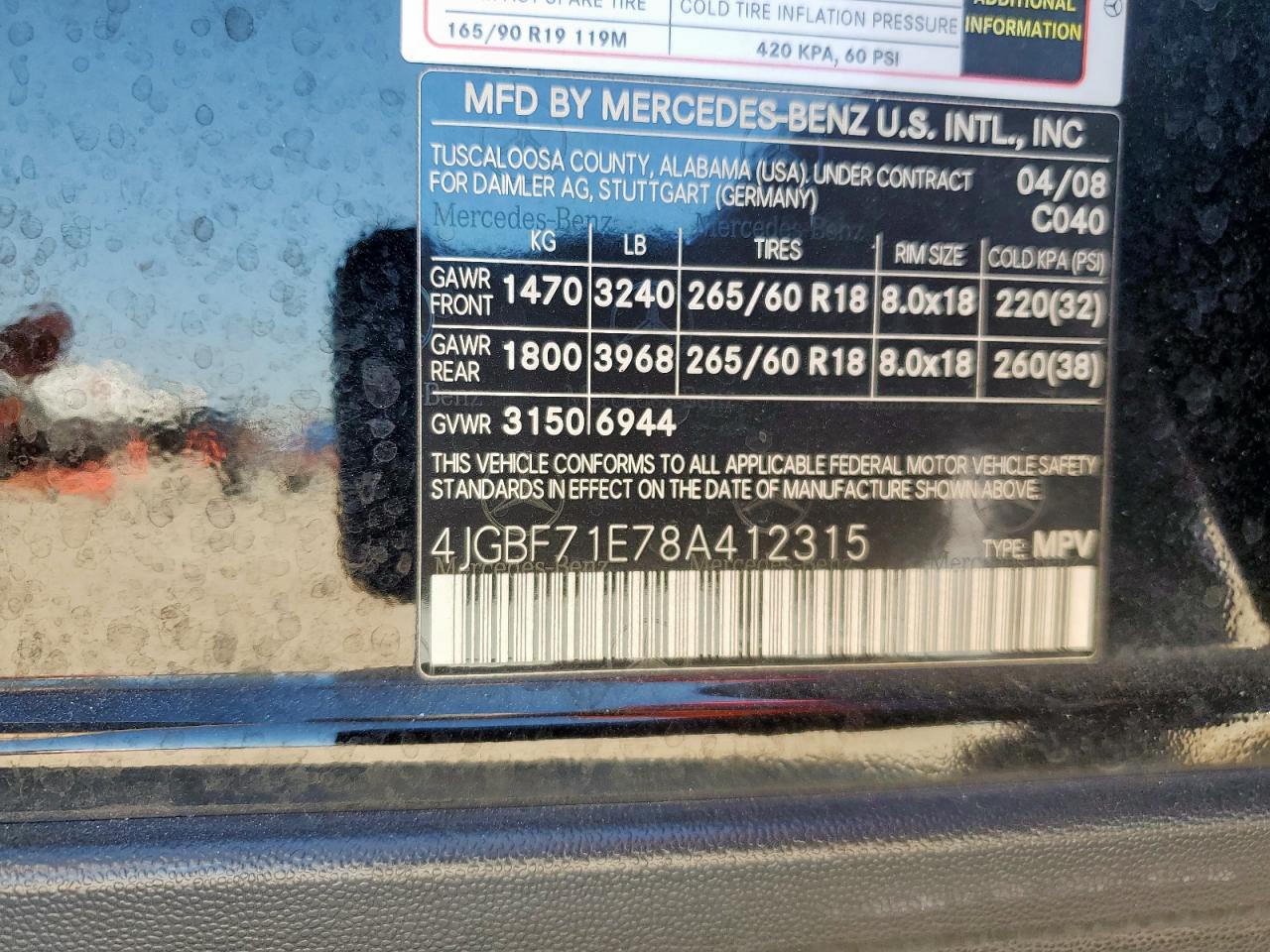 2008 Mercedes-Benz Gl 450 4Matic VIN: 4JGBF71E78A412315 Lot: 86336005