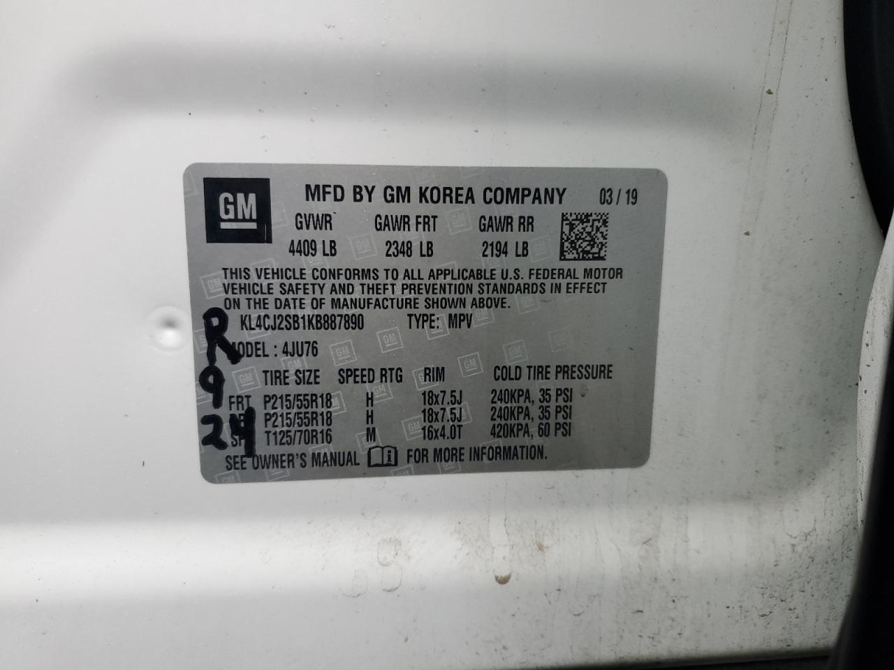 2019 Buick Encore Sport Touring VIN: KL4CJ2SB1KB887890 Lot: 85959155