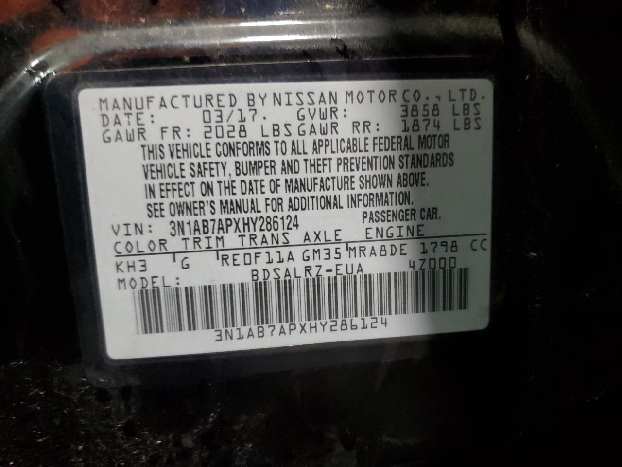 2017 Nissan Sentra S VIN: 3N1AB7APXHY286124 Lot: 86429895