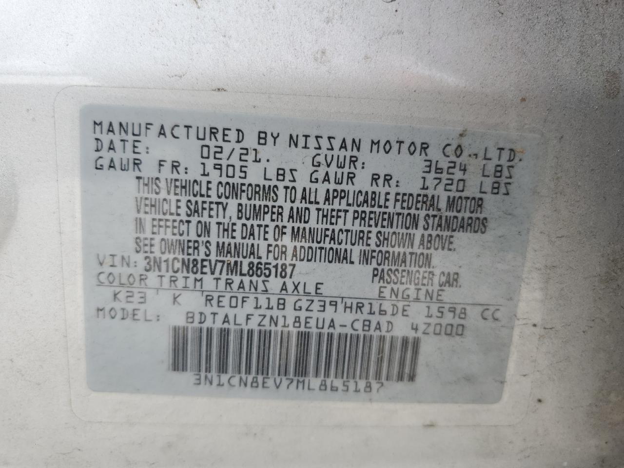 2021 Nissan Versa Sv VIN: 3N1CN8EV7ML865187 Lot: 85278975