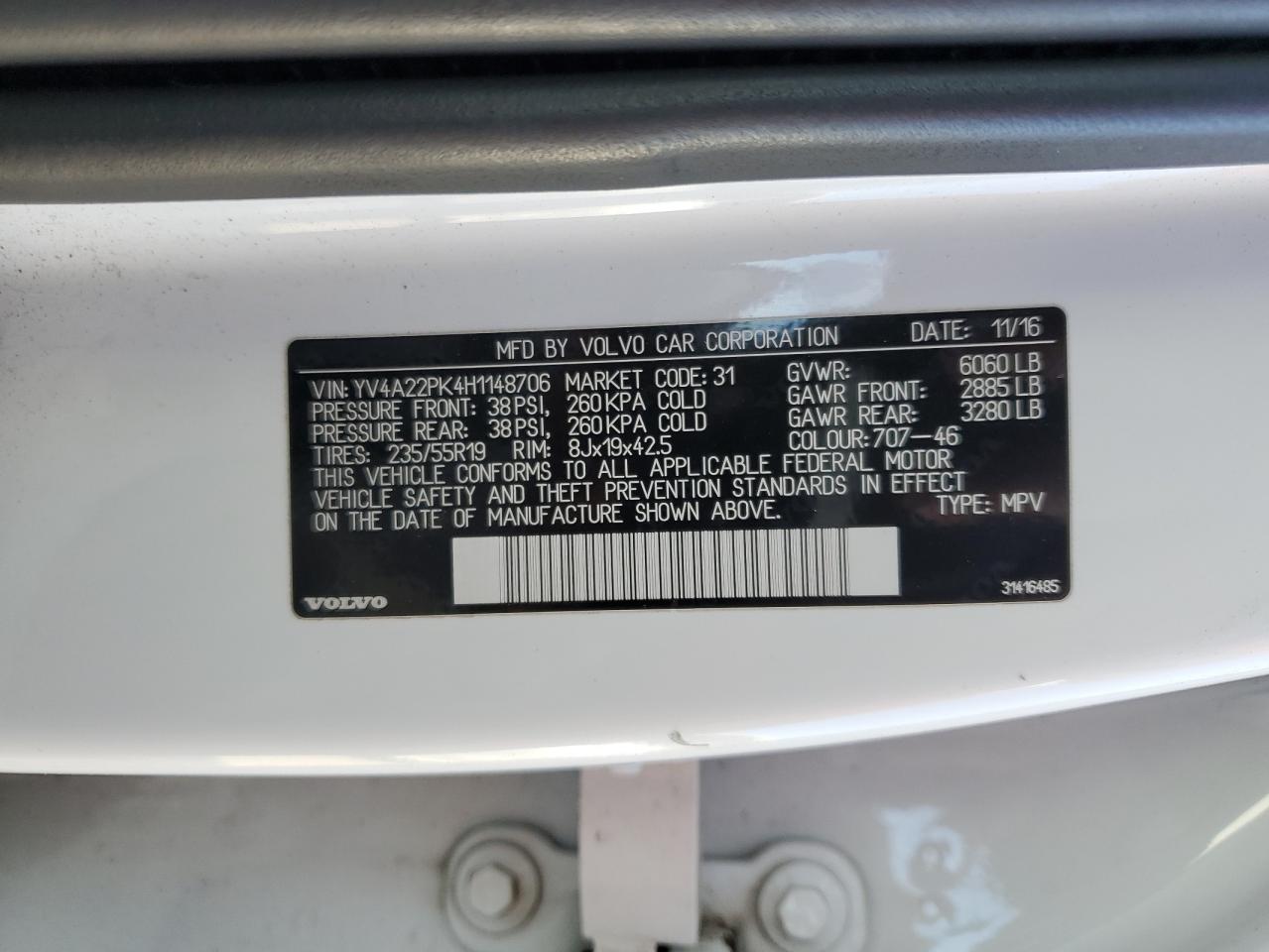 2017 Volvo Xc90 T6 VIN: YV4A22PK4H1148706 Lot: 82249175