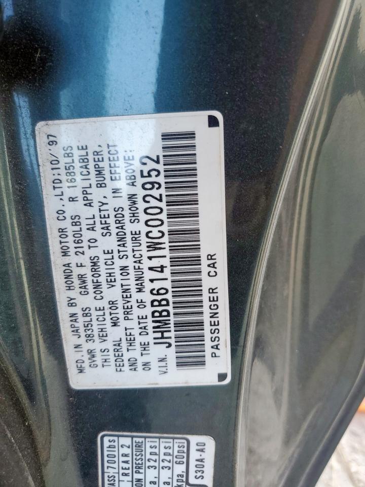 1998 Honda Prelude VIN: JHMBB6141WC002952 Lot: 86173885