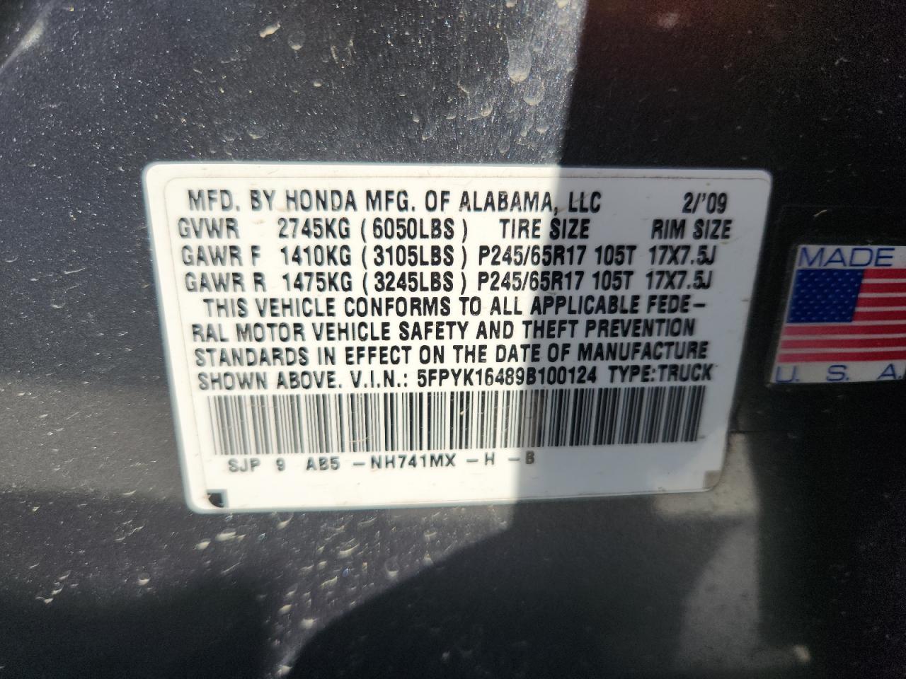 2009 Honda Ridgeline Rts VIN: 5FPYK16489B100124 Lot: 86891825