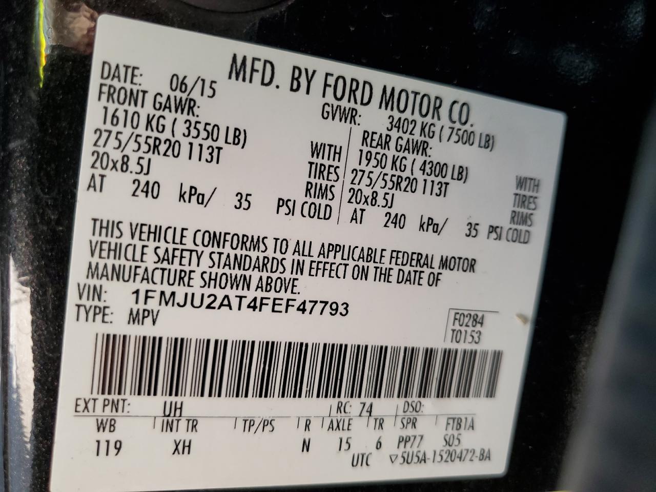 2015 Ford Expedition Limited VIN: 1FMJU2AT4FEF47793 Lot: 84959125