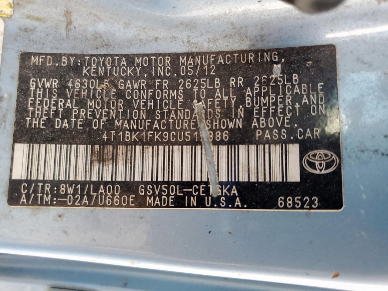 2012 Toyota Camry Se VIN: 4T1BK1FK9CU517386 Lot: 85335655