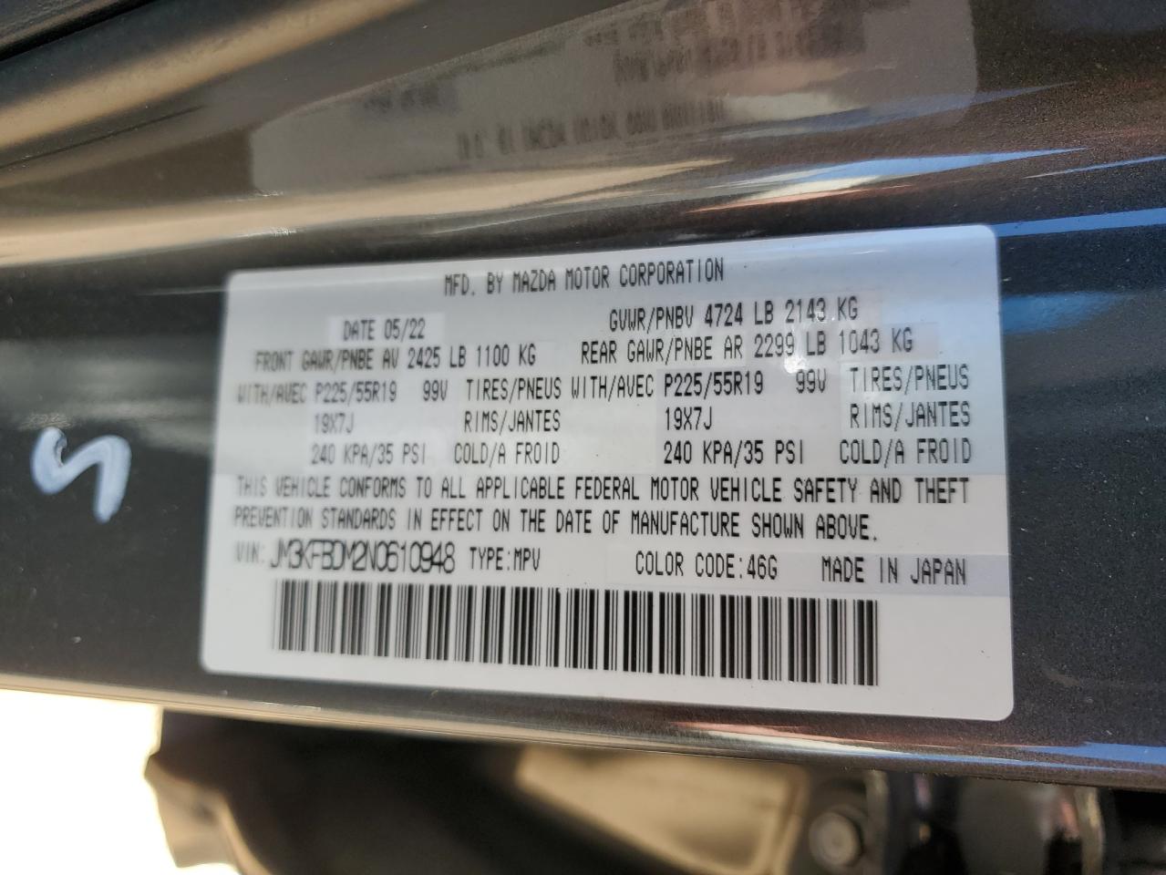 2022 Mazda Cx-5 Premium VIN: JM3KFBDM2N0610948 Lot: 85587045