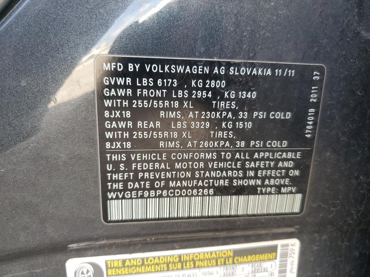 2012 Volkswagen Touareg V6 VIN: WVGEF9BP6CD006266 Lot: 86142465