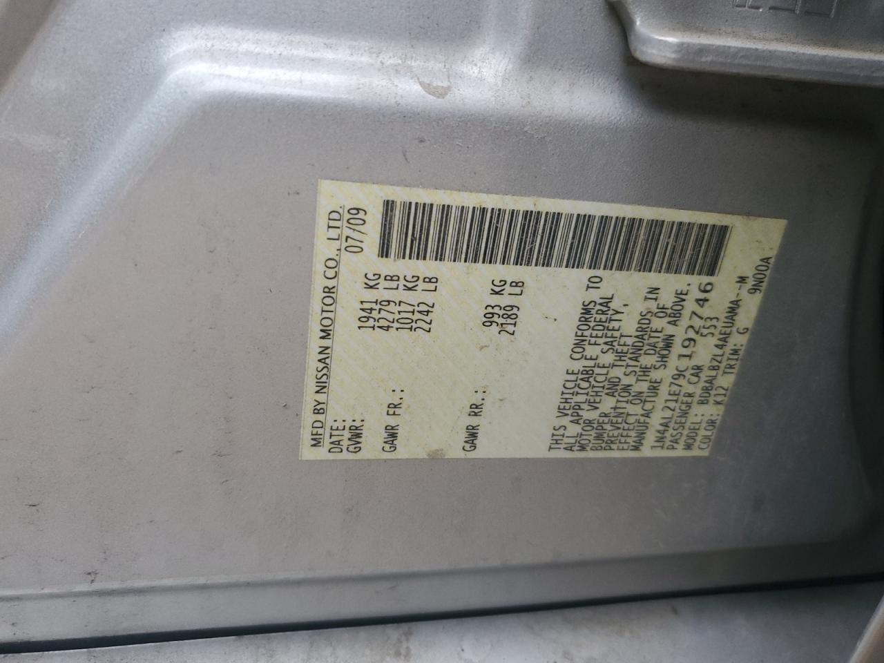 2009 Nissan Altima 2.5 VIN: 1N4AL21E79C192746 Lot: 86164075