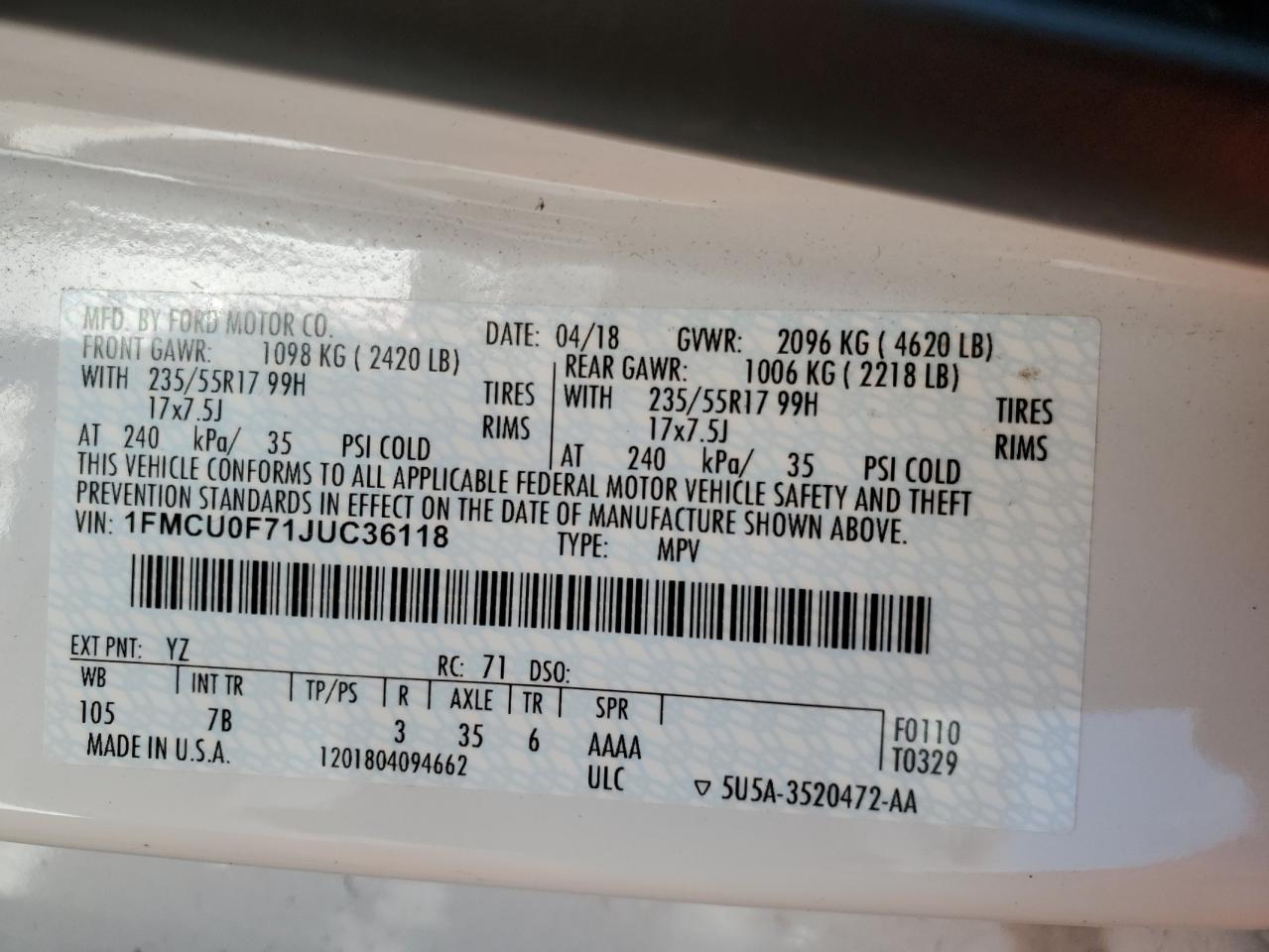 2018 Ford Escape S VIN: 1FMCU0F71JUC36118 Lot: 90344805