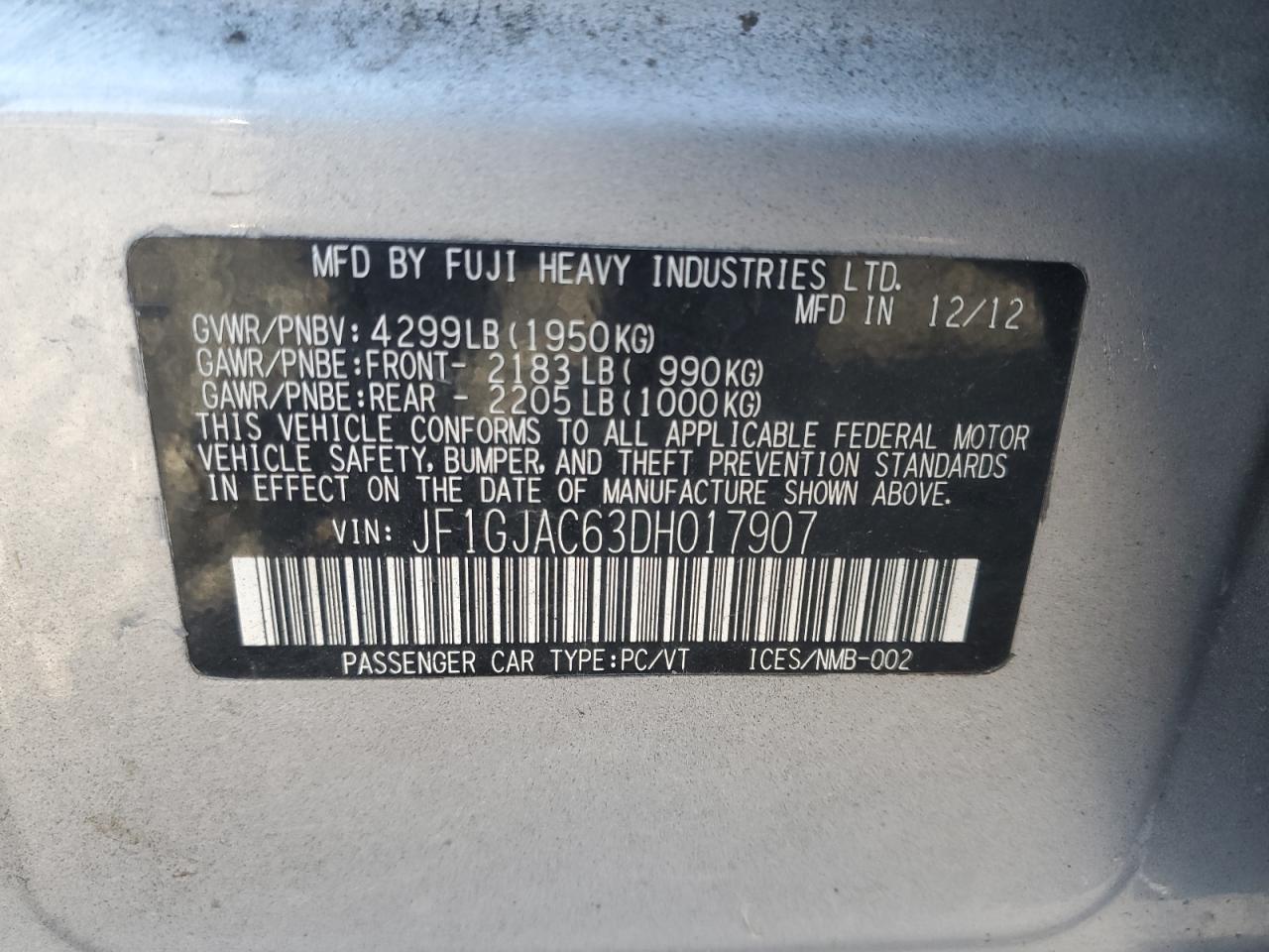 2013 Subaru Impreza Premium VIN: JF1GJAC63DH017907 Lot: 89836135