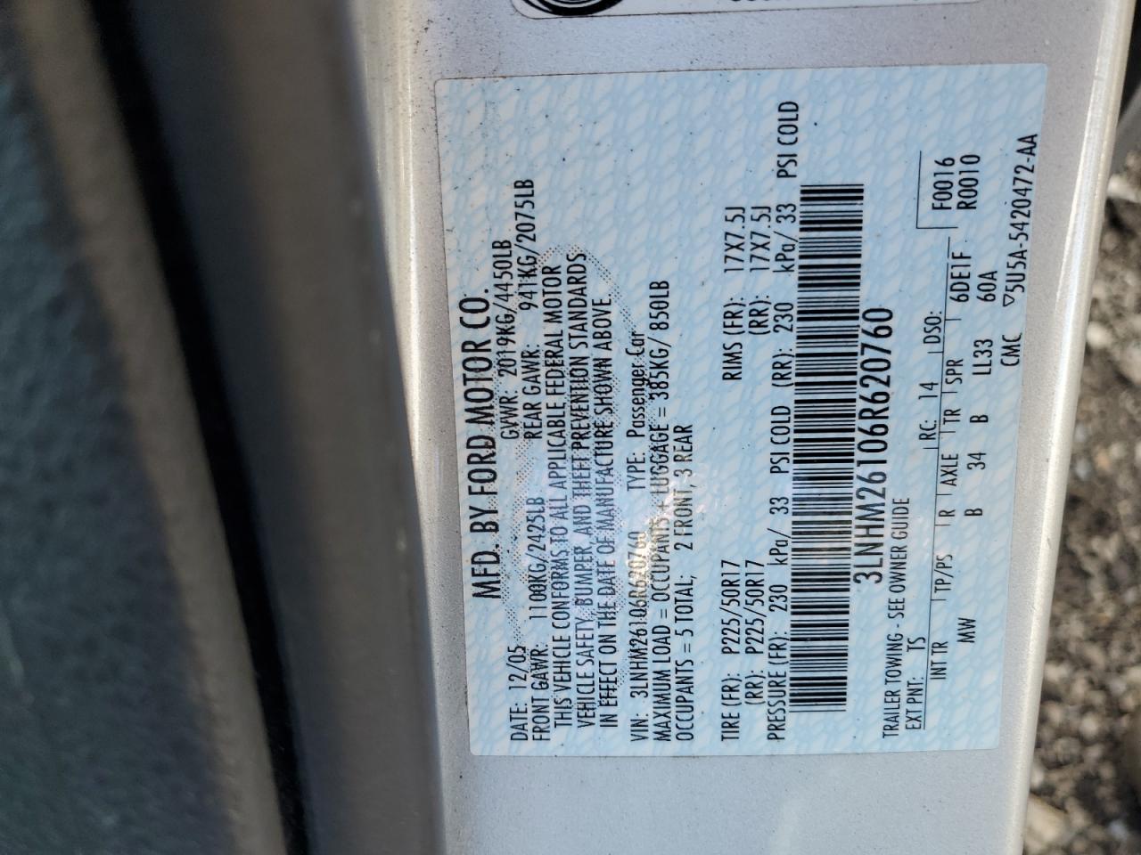 2006 Lincoln Zephyr VIN: 3LNHM26106R620760 Lot: 87359035