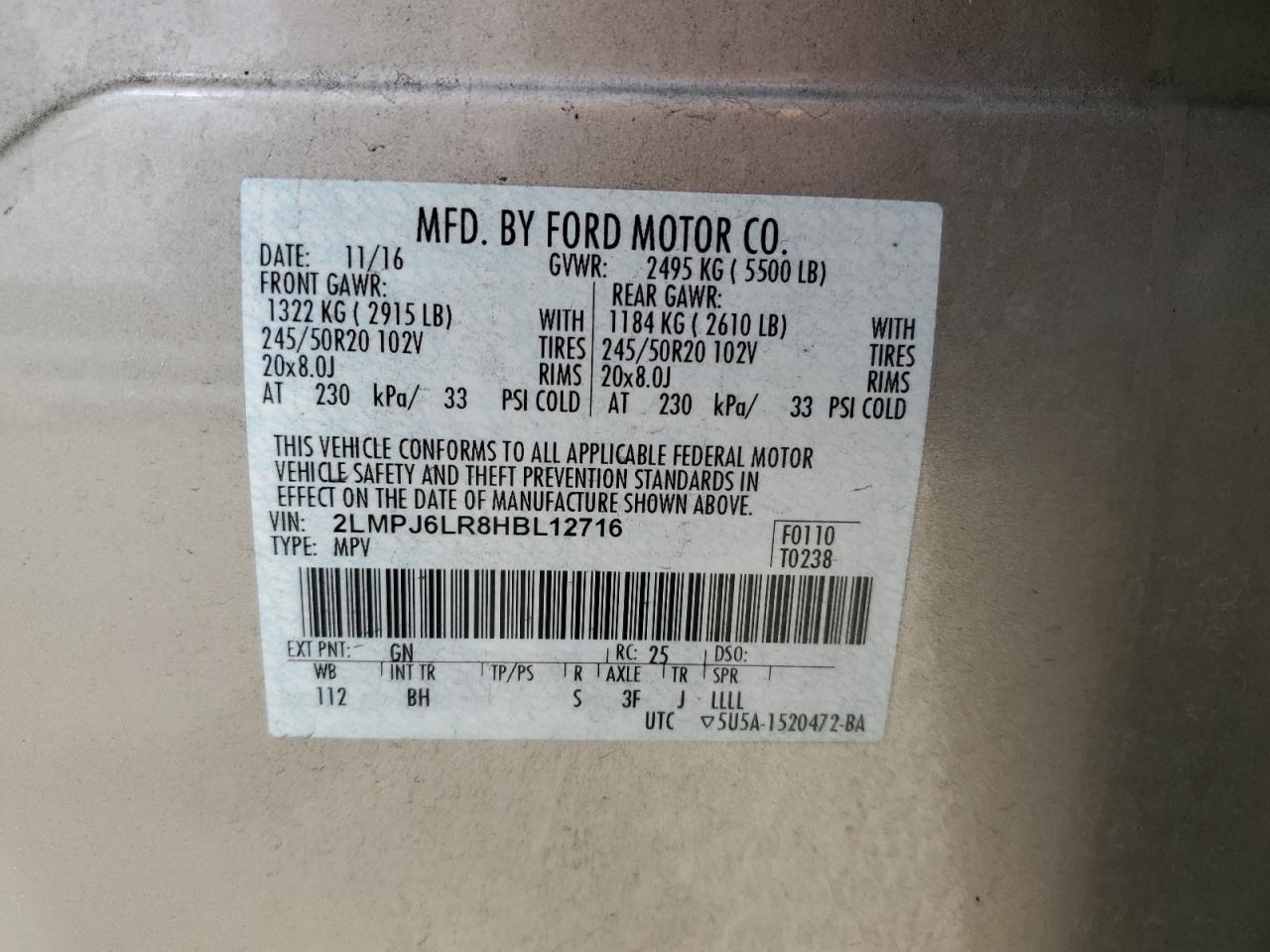 2017 Lincoln Mkx Reserve VIN: 2LMPJ6LR8HBL12716 Lot: 85778365