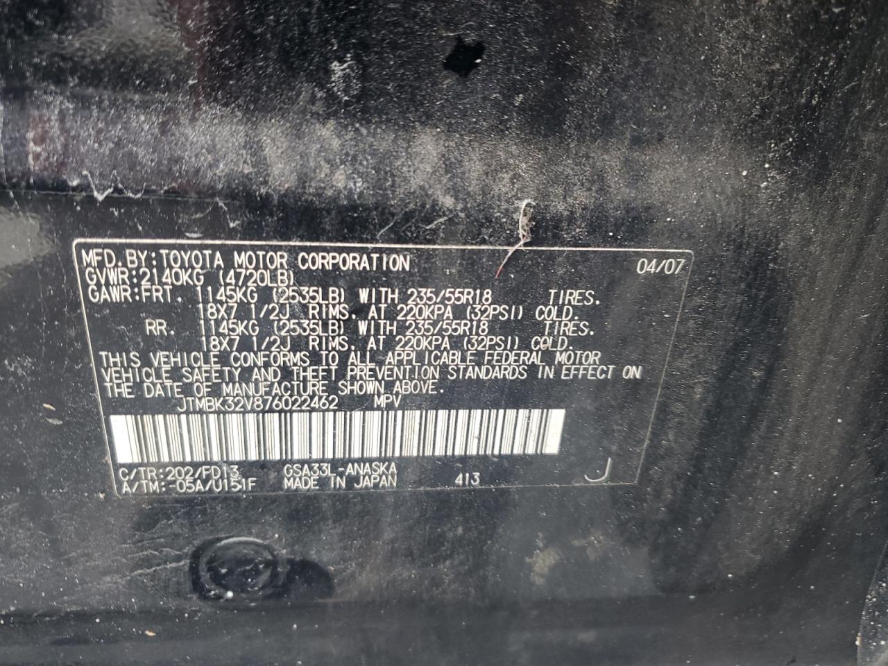 2007 Toyota Rav4 Sport VIN: JTMBK32V876022462 Lot: 90378215