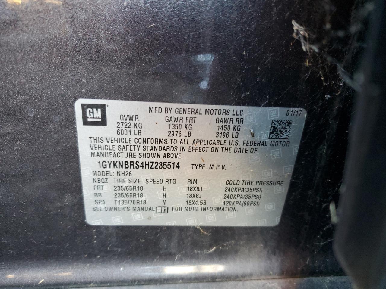 2017 Cadillac Xt5 Luxury VIN: 1GYKNBRS4HZ235514 Lot: 87433925