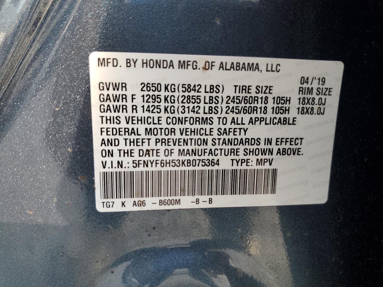 2019 Honda Pilot Exl VIN: 5FNYF6H53KB075364 Lot: 84928205