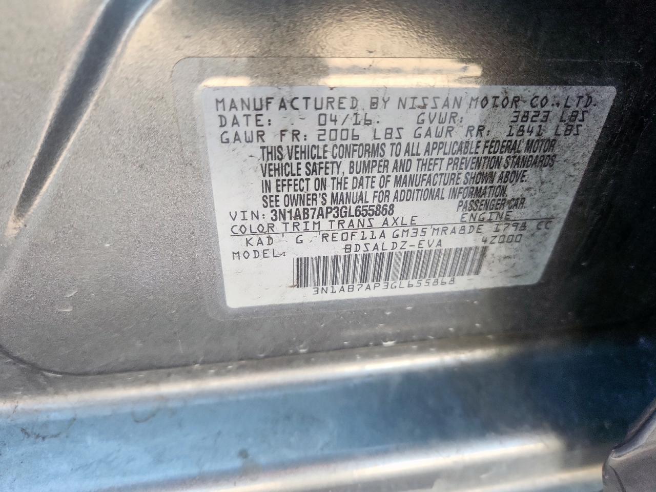 2016 Nissan Sentra S VIN: 3N1AB7AP3GL655868 Lot: 85851175