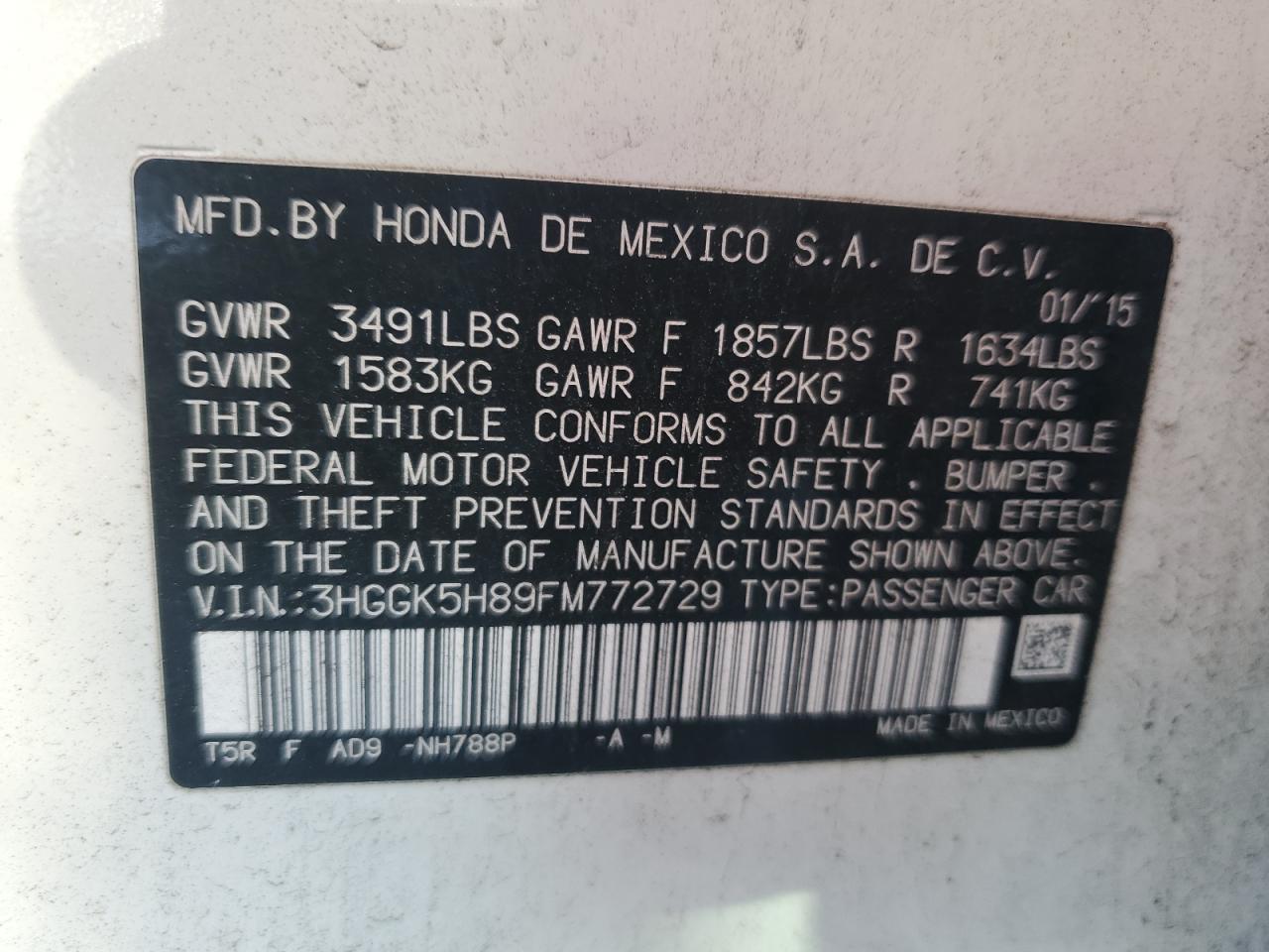 2015 Honda Fit Ex VIN: 3HGGK5H89FM772729 Lot: 90664645