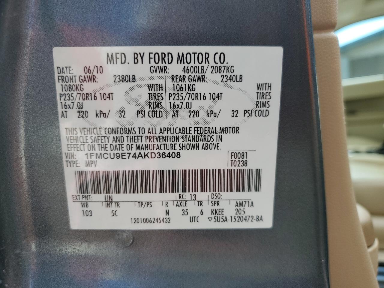 2010 Ford Escape Limited VIN: 1FMCU9E74AKD36408 Lot: 85686335