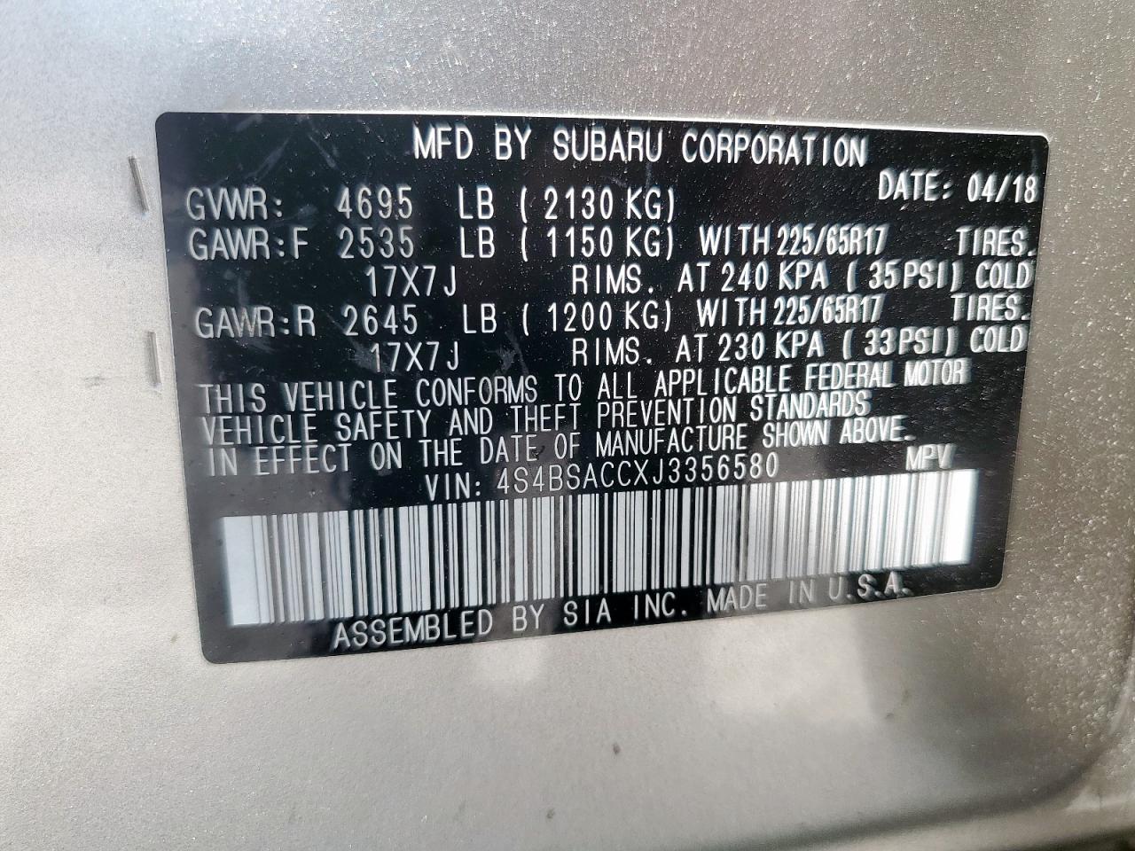 2018 Subaru Outback 2.5I Premium VIN: 4S4BSACCXJ3356580 Lot: 84753675