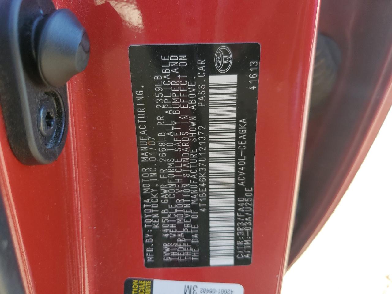 2007 Toyota Camry Ce VIN: 4T1BE46K37U121372 Lot: 86332465