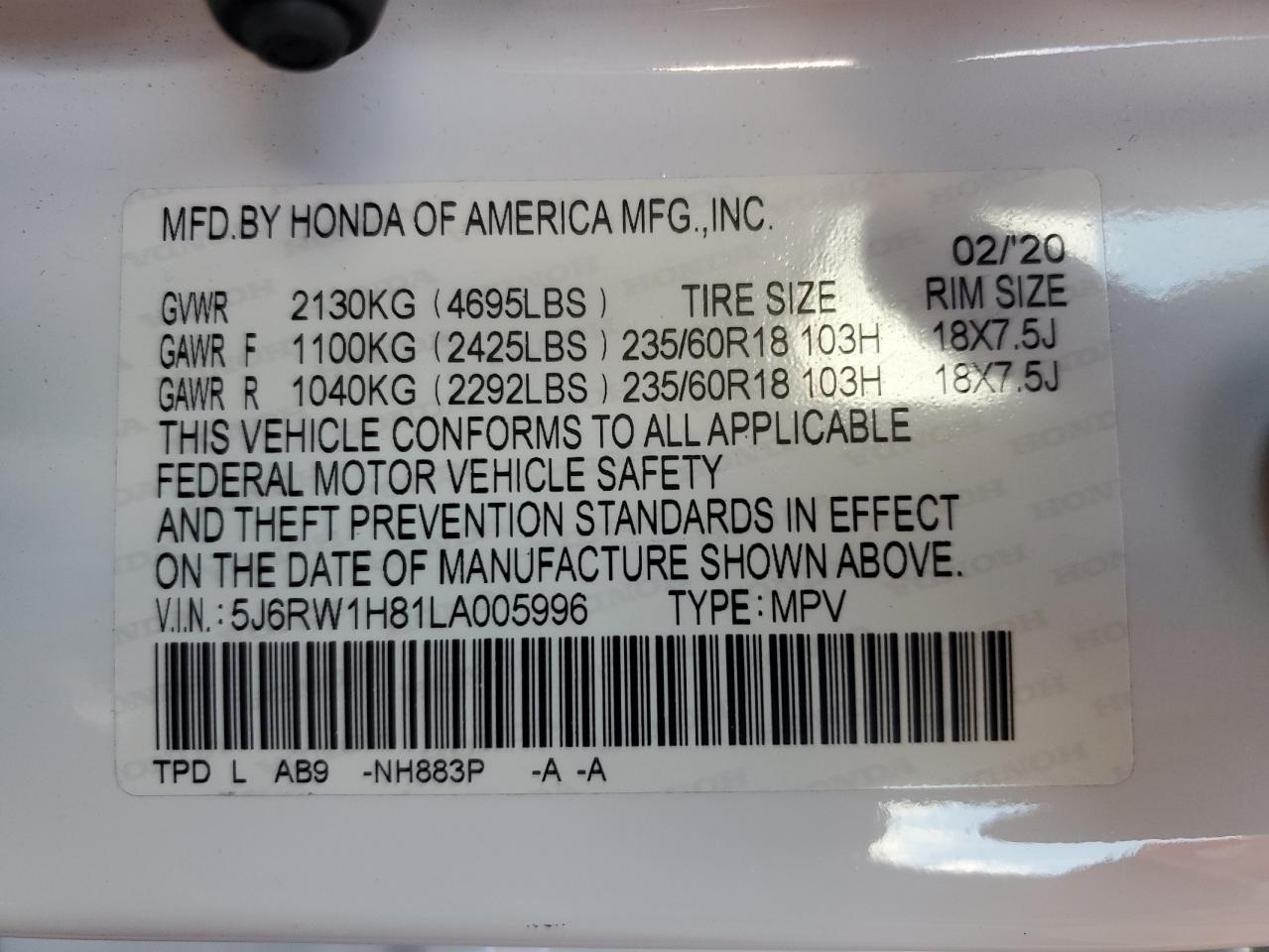 2020 Honda Cr-V Exl VIN: 5J6RW1H81LA005996 Lot: 85374305