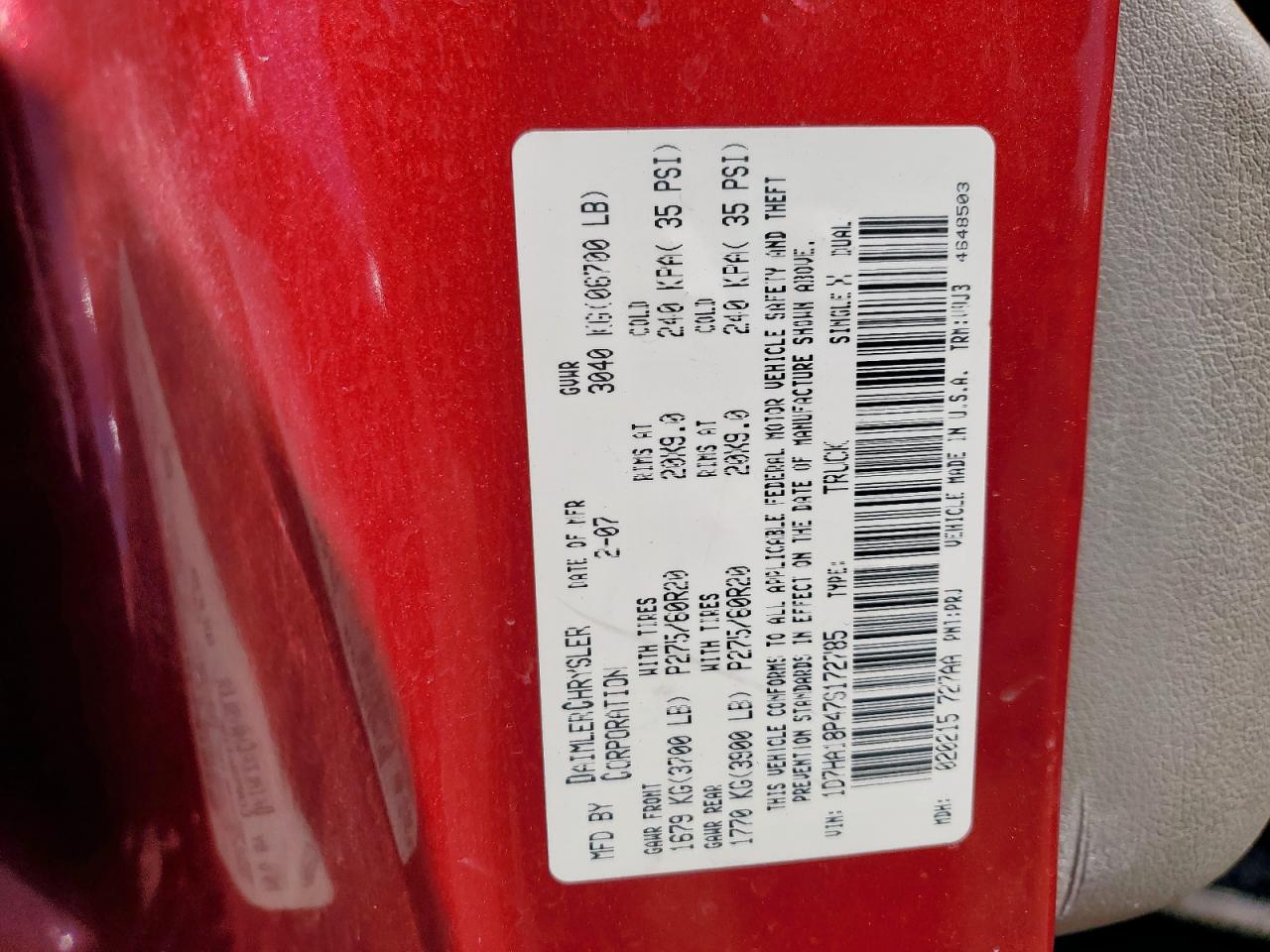 2007 Dodge Ram 1500 St VIN: 1D7HA18P47S172785 Lot: 90581495