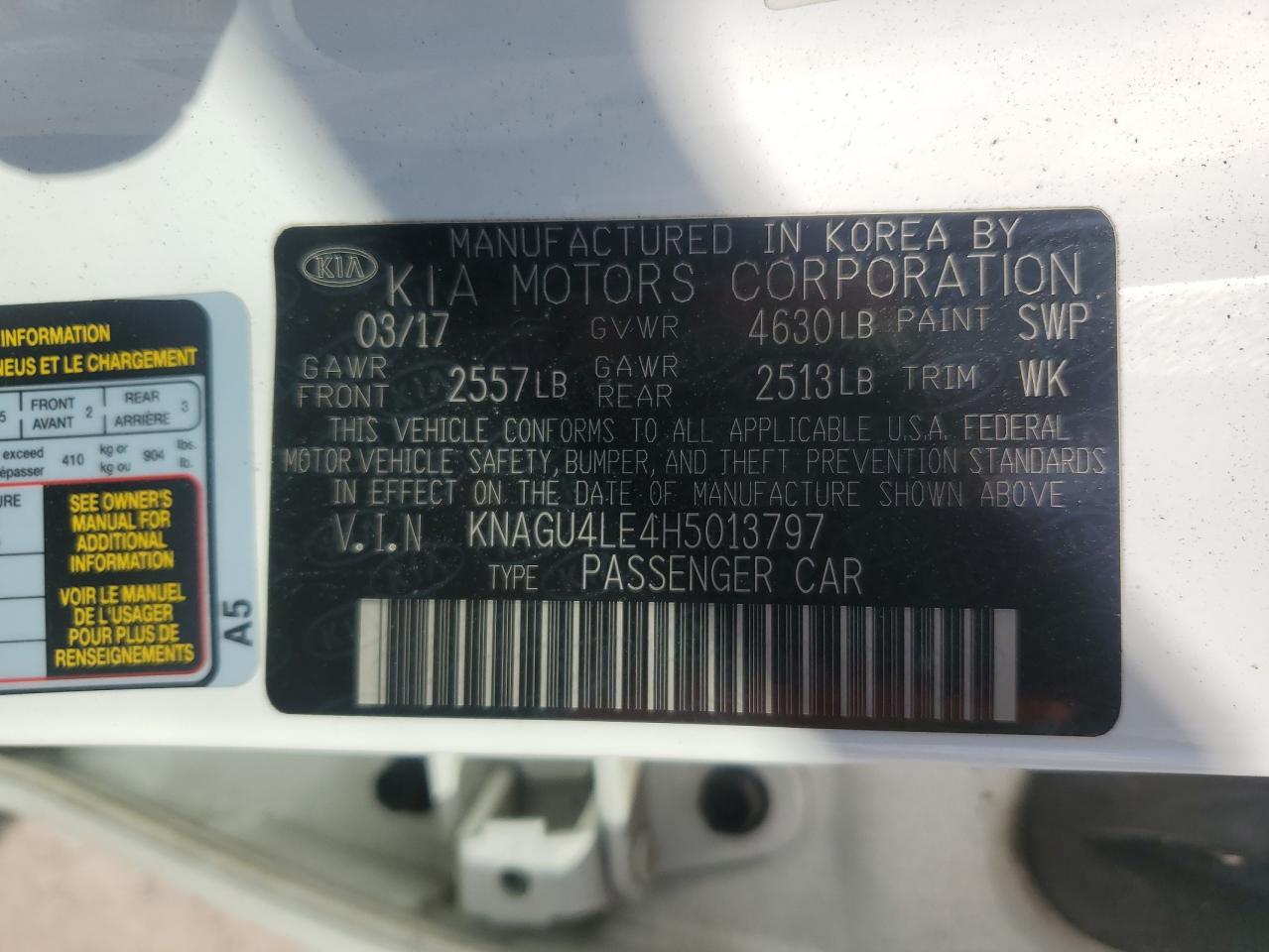 2017 Kia Optima Hybrid VIN: KNAGU4LE4H5013797 Lot: 86745355