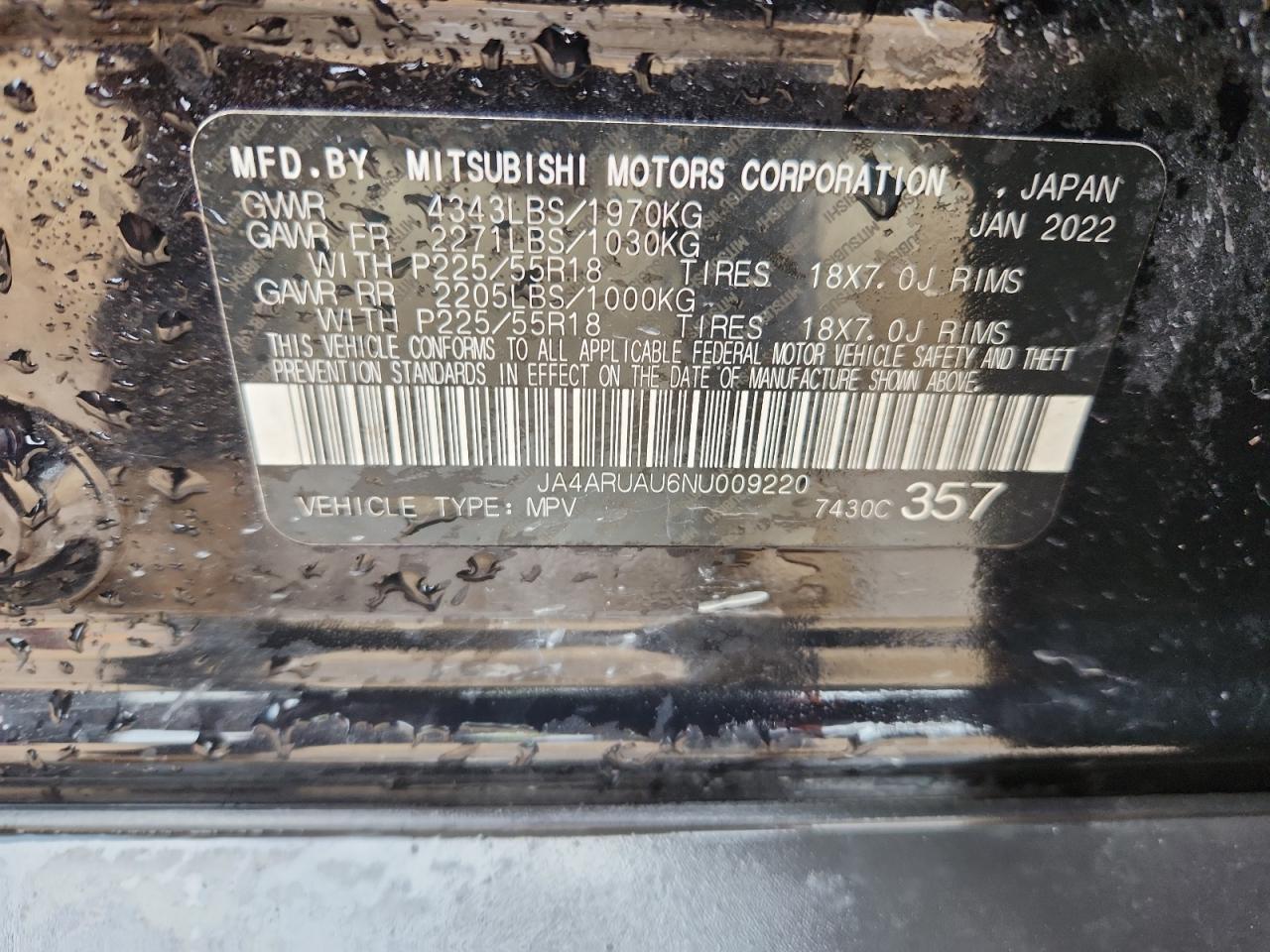2022 Mitsubishi Outlander Sport Es VIN: JA4ARUAU6NU009220 Lot: 84366255