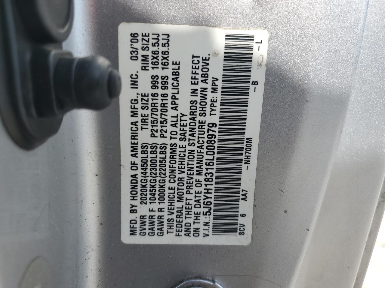 2006 Honda Element Lx VIN: 5J6YH18316L008979 Lot: 87222655