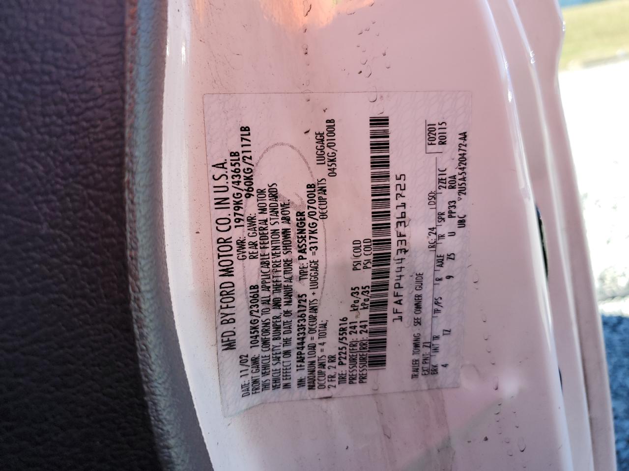 2003 Ford Mustang VIN: 1FAFP44433F361725 Lot: 86663155