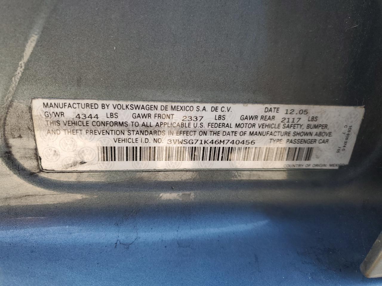 2006 Volkswagen Jetta 2.5 Option Package 1 VIN: 3VWSG71K46M740456 Lot: 85189015