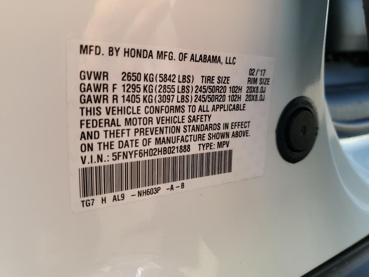 2017 Honda Pilot Elite VIN: 5FNYF6H02HB021888 Lot: 85544865