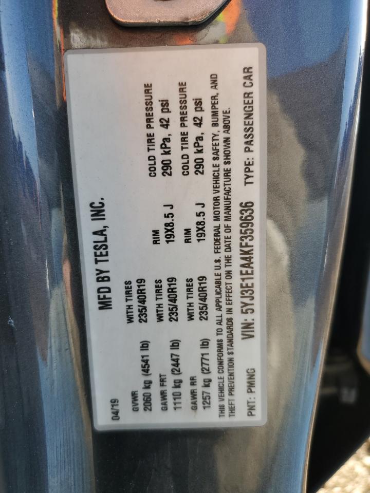 2019 Tesla Model 3 VIN: 5YJ3E1EA4KF359636 Lot: 84550115