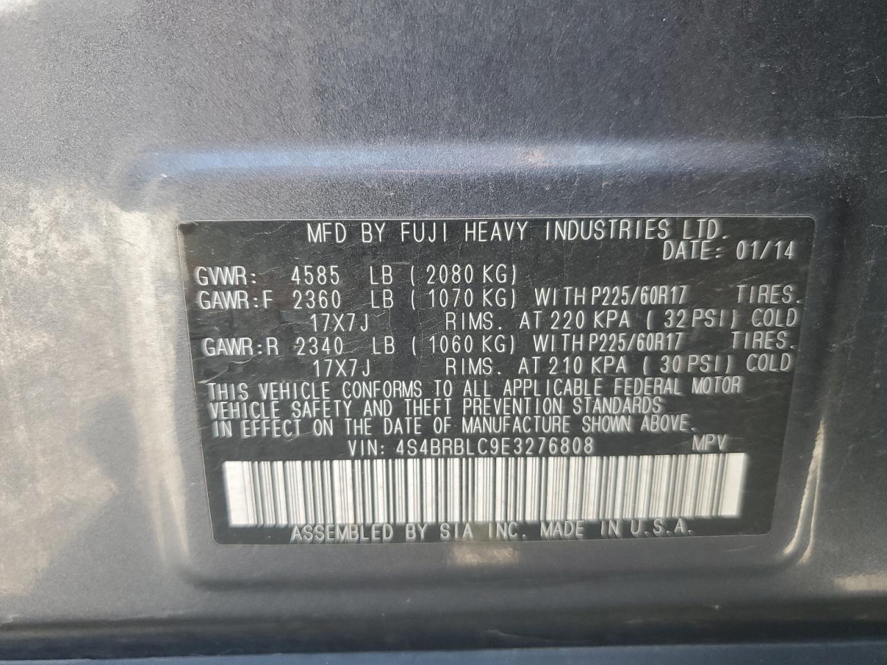 2014 Subaru Outback 2.5I Limited VIN: 4S4BRBLC9E3276808 Lot: 85108085