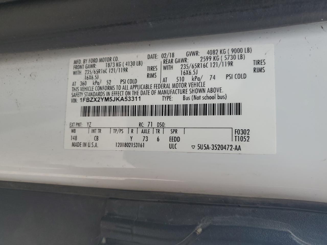 2018 Ford Transit T-350 VIN: 1FBZX2YM5JKA53311 Lot: 82434675