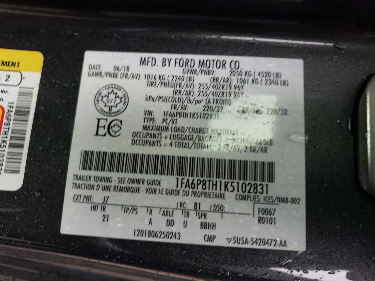 2019 Ford Mustang VIN: 1FA6P8TH1K5102831 Lot: 86589425