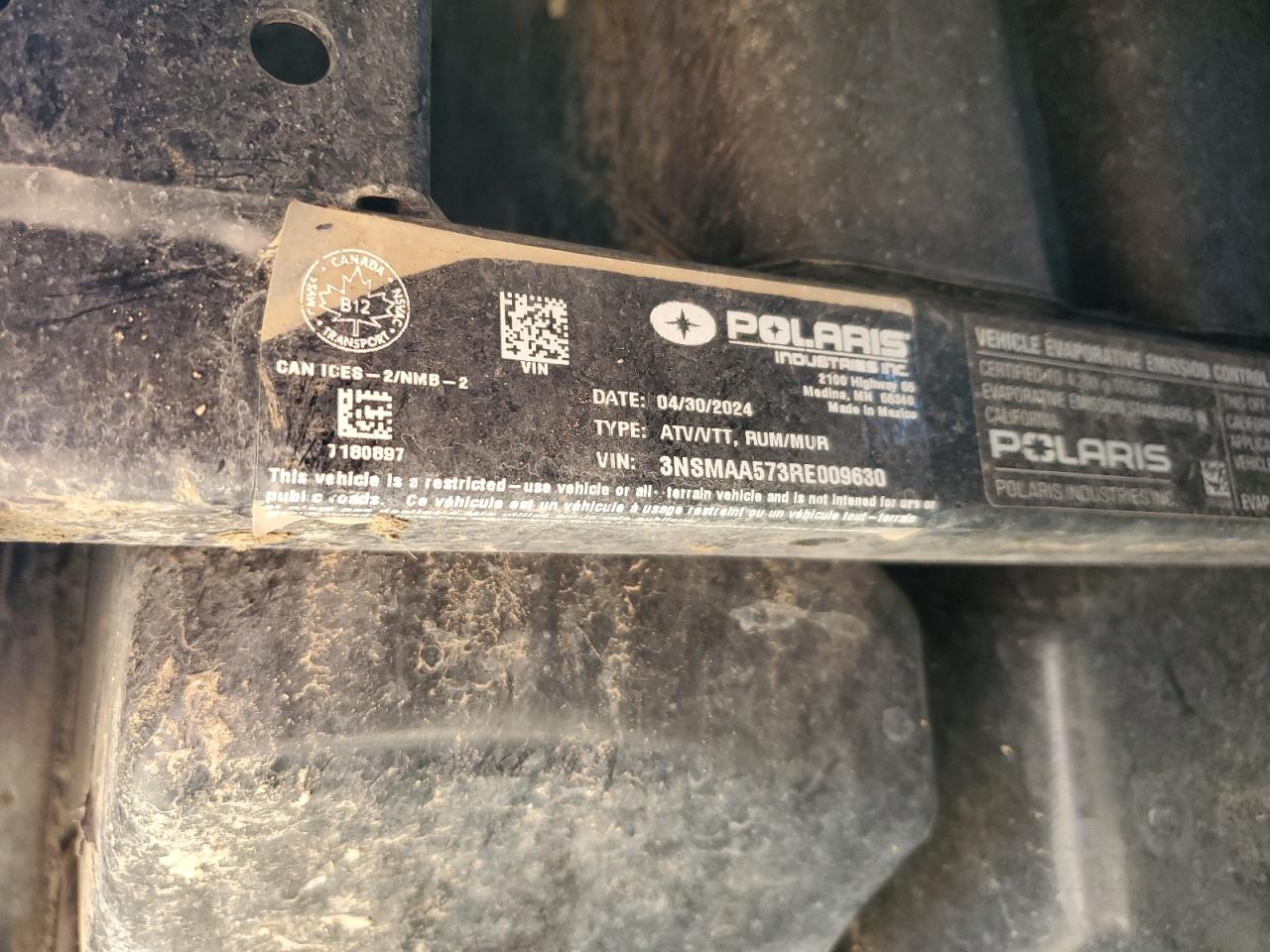 2024 Polaris Ranger Sp 570 VIN: 3NSMAA573RE009630 Lot: 86308495