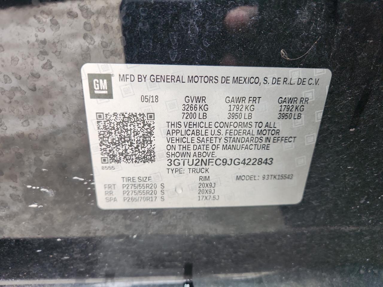 2018 GMC Sierra K1500 Slt VIN: 3GTU2NEC9JG422843 Lot: 90243645