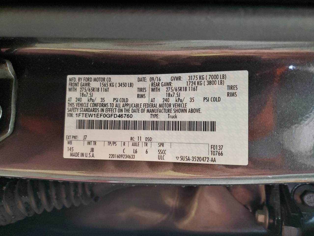 2016 Ford F150 Supercrew VIN: 1FTEW1EF0GFD46760 Lot: 86708085