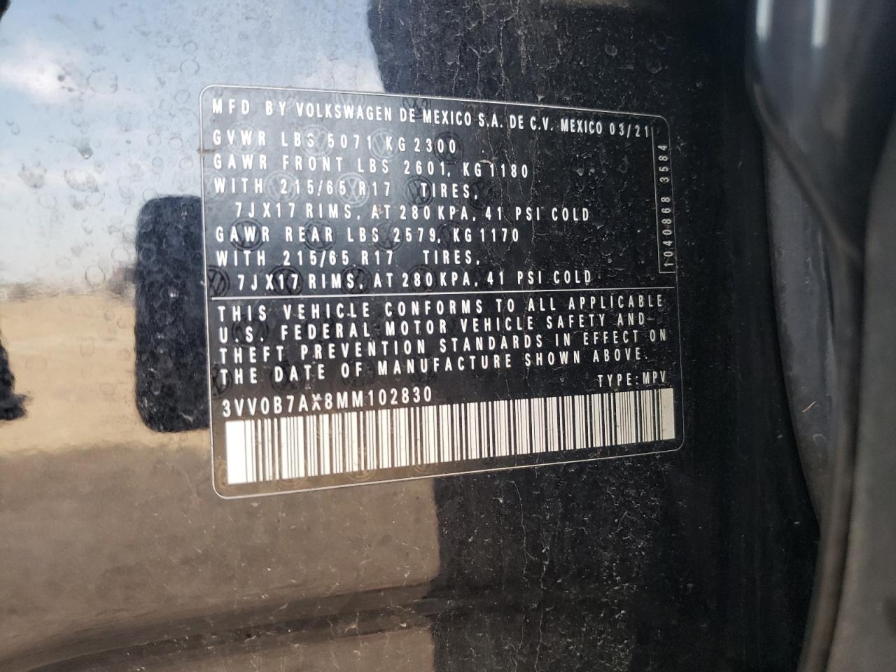 2021 Volkswagen Tiguan S VIN: 3VV0B7AX8MM102830 Lot: 85130635