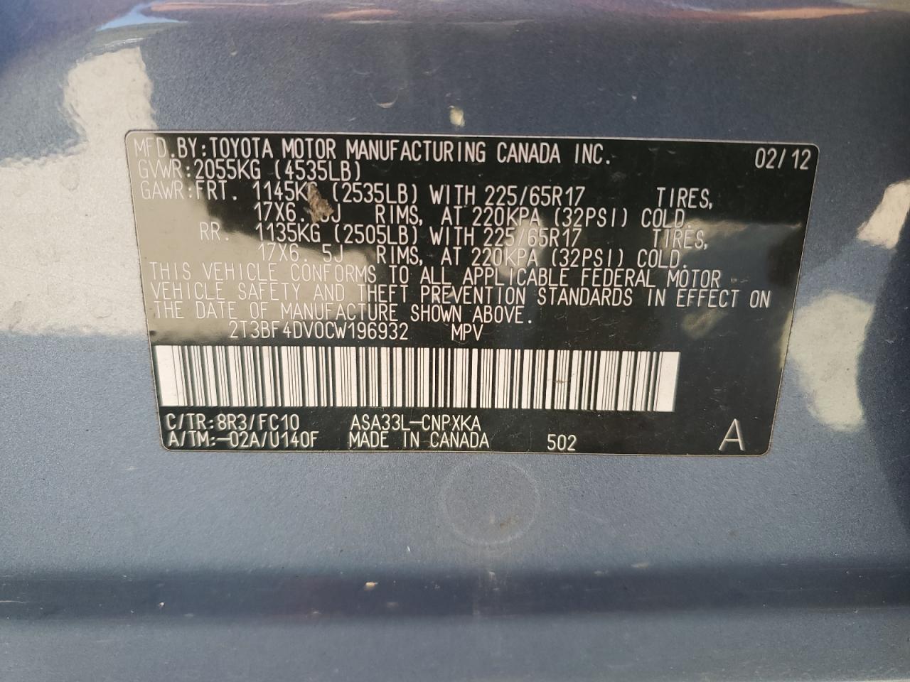 2012 Toyota Rav4 VIN: 2T3BF4DV0CW196932 Lot: 72044365